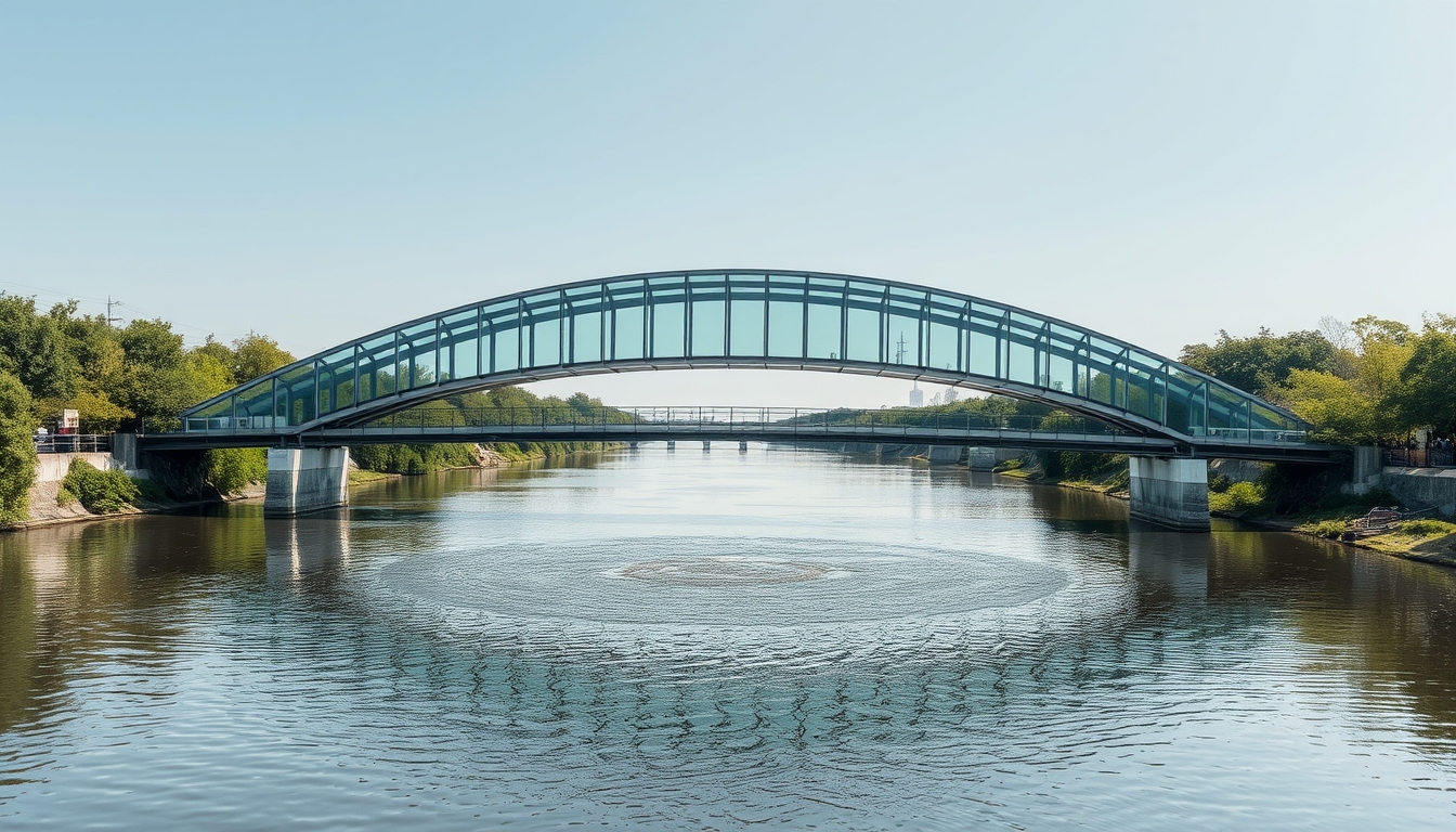 A serene river scene with a glass-bottomed bridge crossing over it. - Image