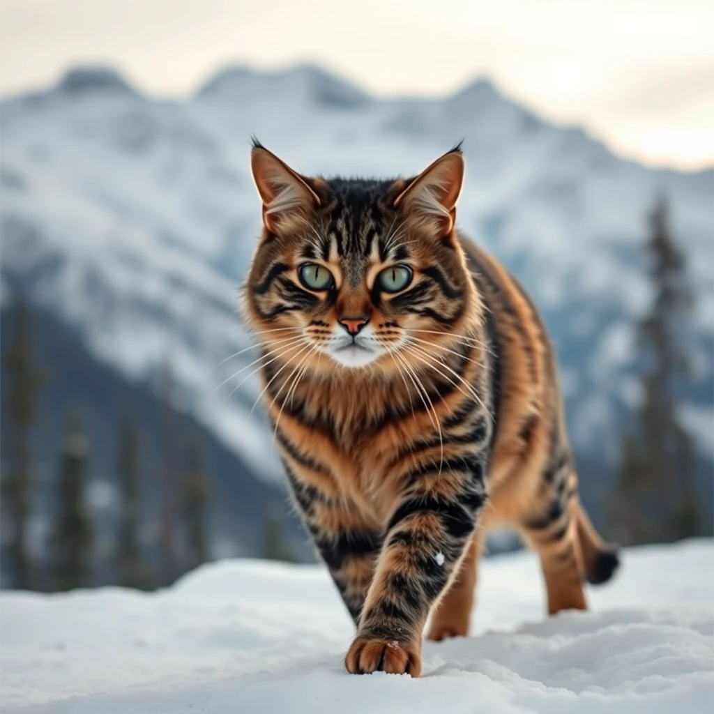 Realistic style, cat walking in snow-capped mountains, handsome.