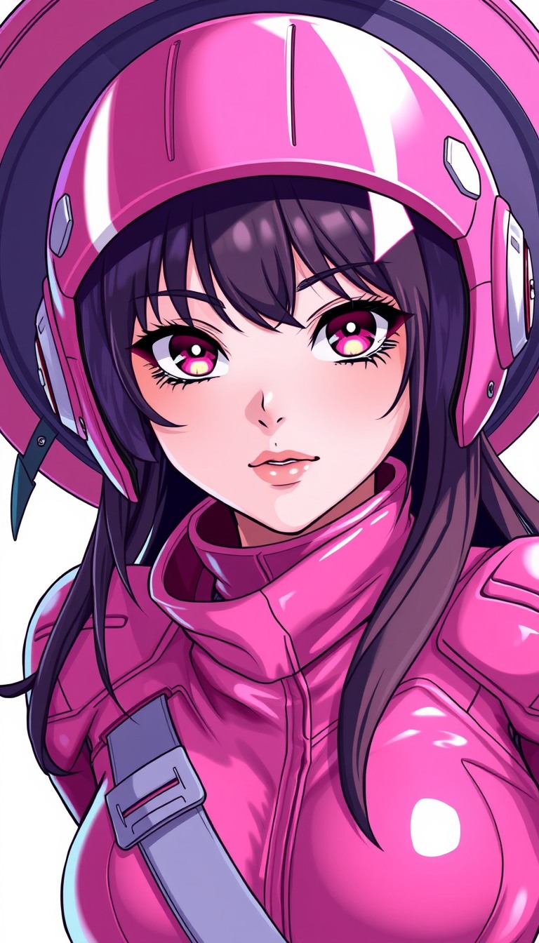 Ultra Detailed Character portrait, no helmet, Beautiful Pink space bodysuit, female, anime style, super glamorous space female pirate, Pink Clothes made of shiny vinyl, Pink space bodysuit, The background is a simple white color, cute Feel like a villain. - Image