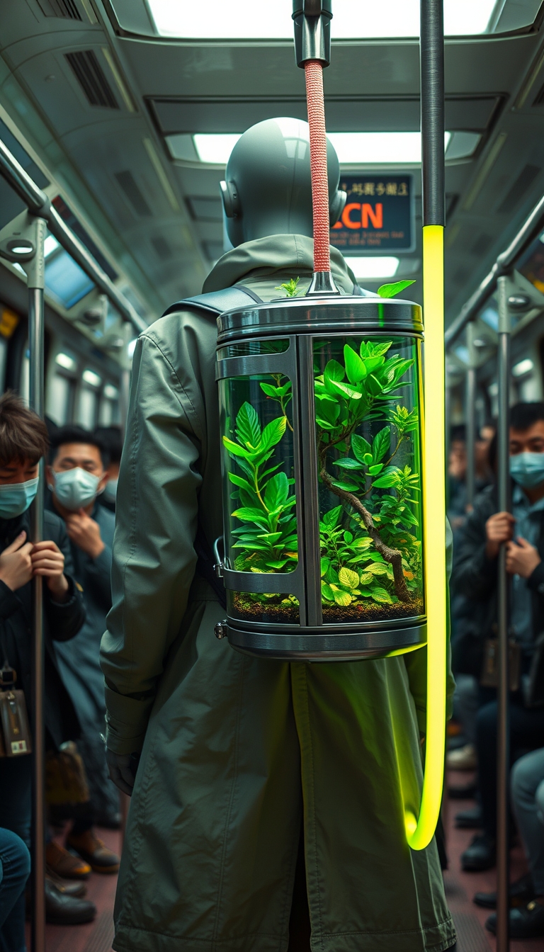 A humanoid figure, unknown to others, is wearing a long jacket in a crowded subway train, along with a transparent cylindrical backpack terrarium filled with vibrant neon greenery and small plants. The terrarium features metallic accents and a neon hose connected to it, giving it a futuristic appearance. The subway is populated with human passengers, many of whom are wearing masks and gripping the handrails. The environment is busy and urban, emphasizing the contrast between the natural elements in the terrarium and the modern, bustling surroundings.