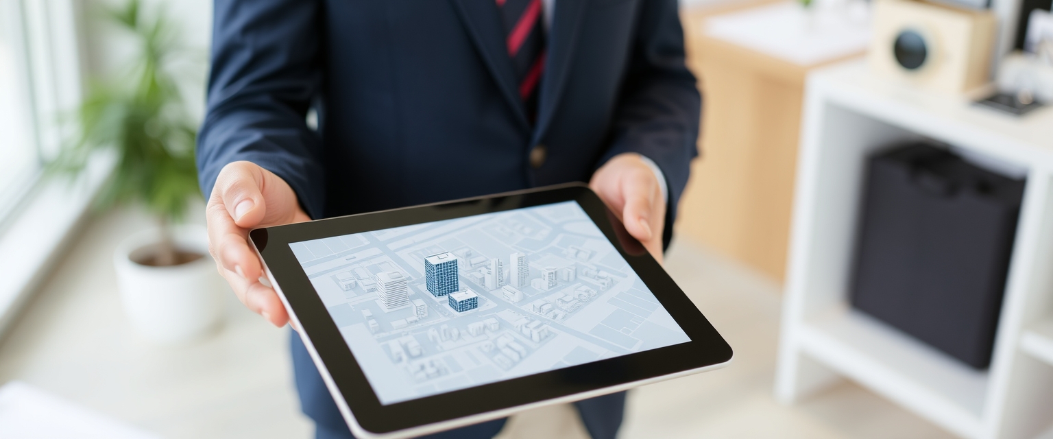 A real estate agent holding an iPad with a city model on the screen.