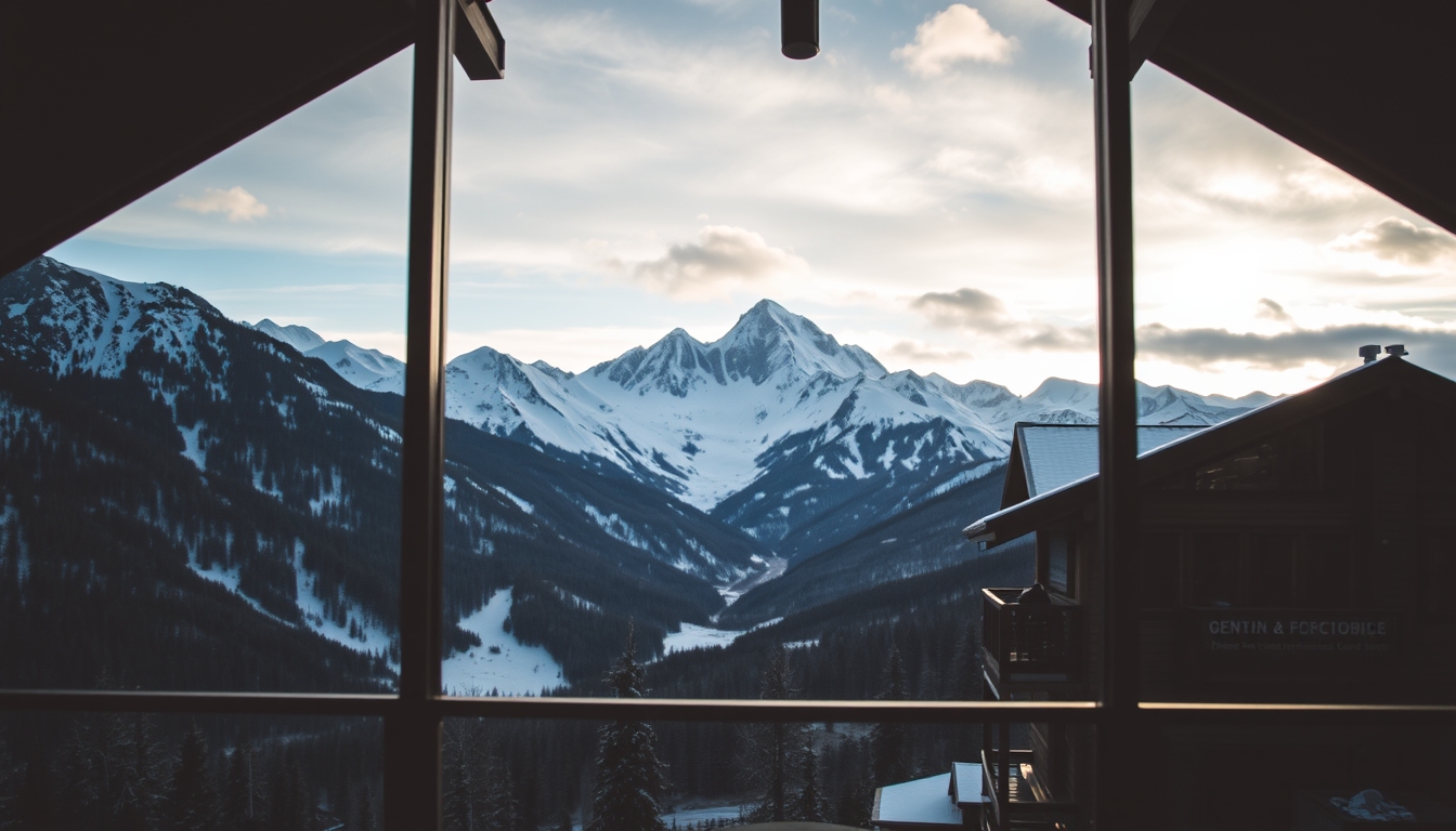 A dramatic mountain landscape viewed through the glass walls of a ski lodge. - Image