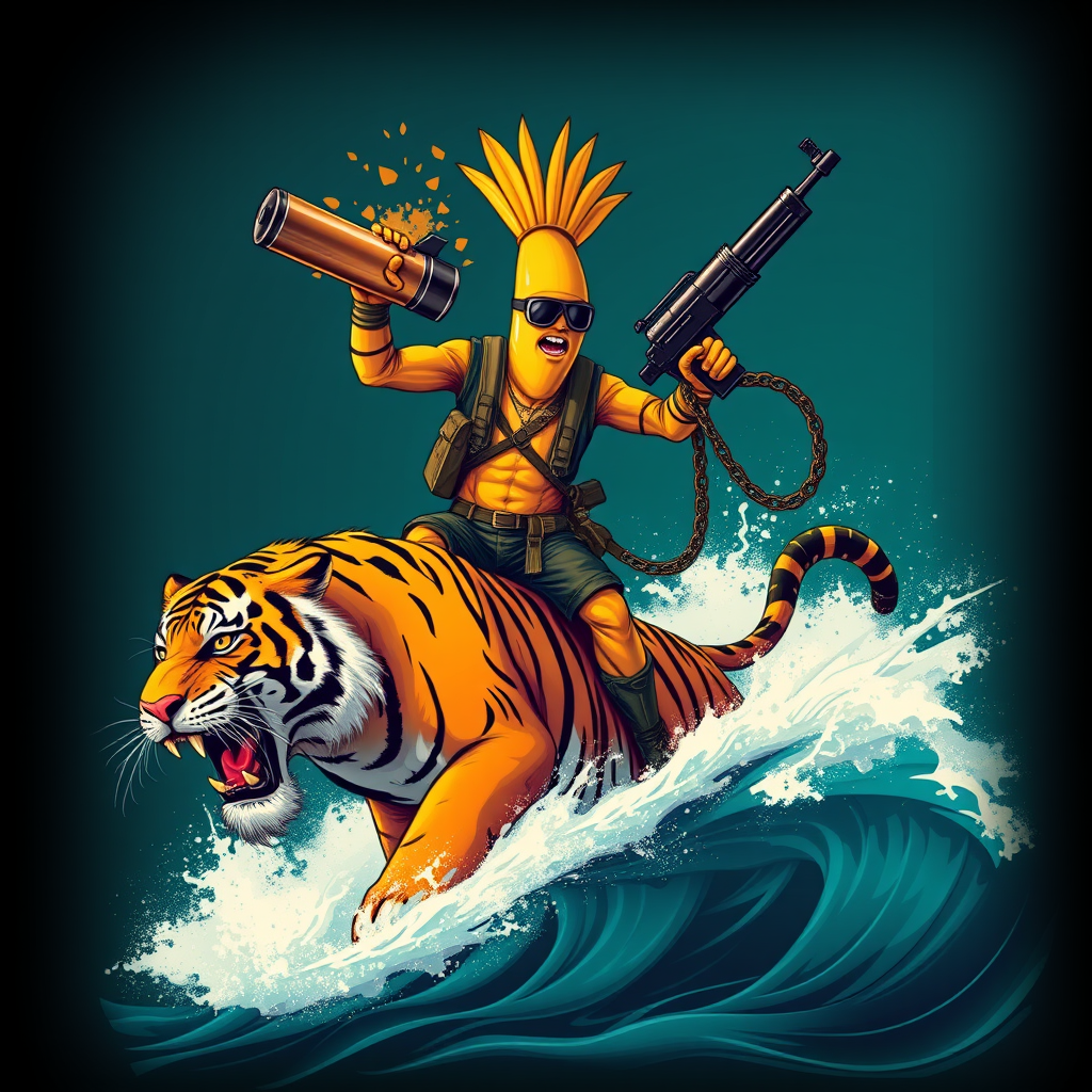 A tee shirt design of a sentient anthropomorphic determined banana man dressed in Rambo gear, carrying a huge rocket launch with one hand, a huge chain gun in the other hand, while surfing on a Bengal tiger on a huge ocean wave. Epic design. Fading to black around the entire boundary of the image. Vibrant future punk colors. - Image