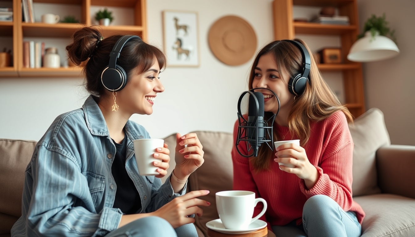 Young women with coffee cups recording podcast at home