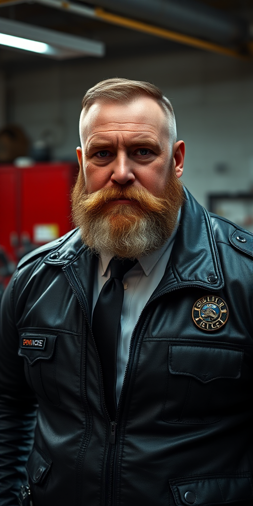 A high-resolution portrait of a huge muscular, bearded 60-year-old male police officer in a dimly lit garage. He wears a tight black leather jacket with police insignia, over a white shirt and black tie. His serious expression contrasts with blurred red metal cabinets and a motorcycle in the background, enhancing the industrial atmosphere.