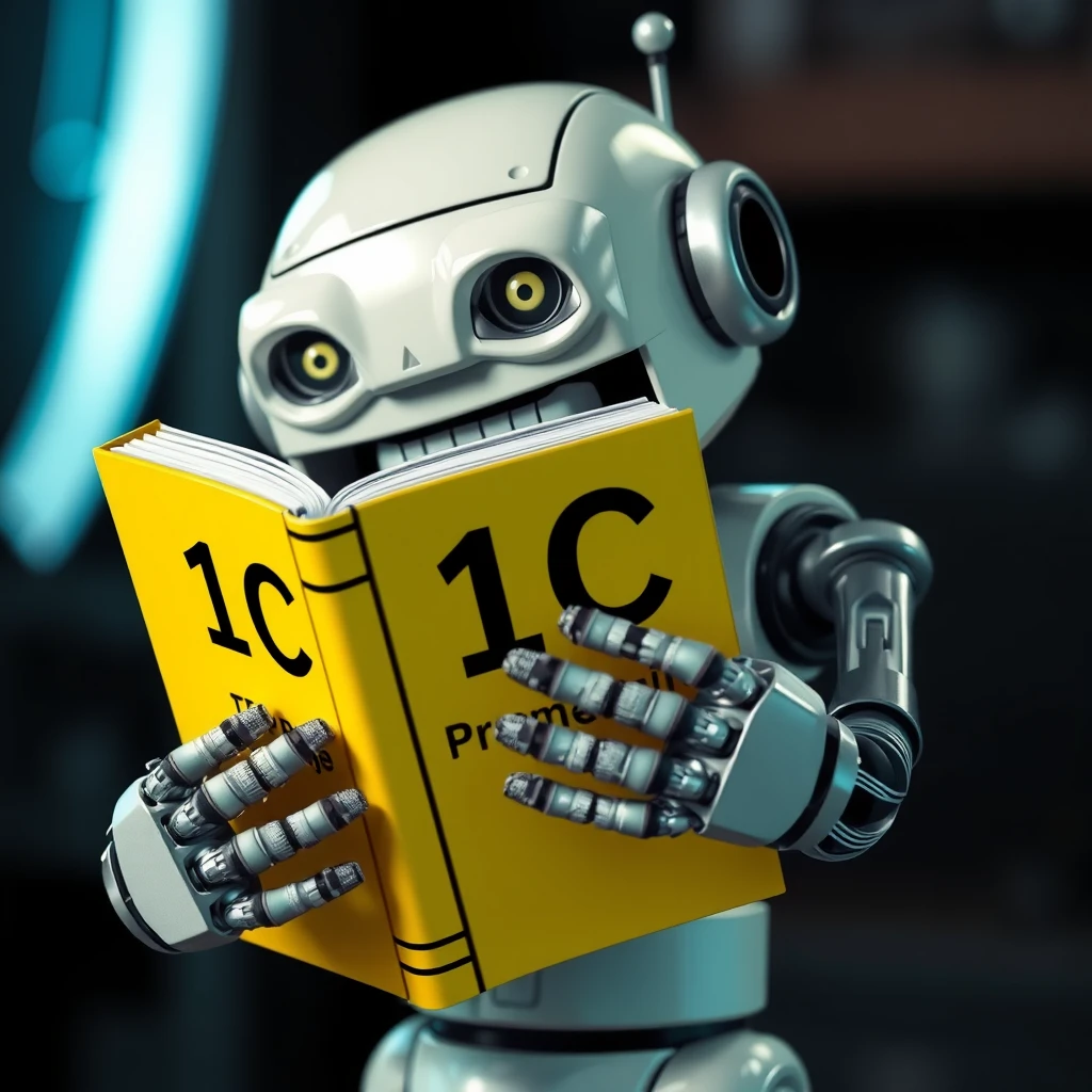 The robot is gnawing its teeth on a yellow book labeled 1C Programming. - Image