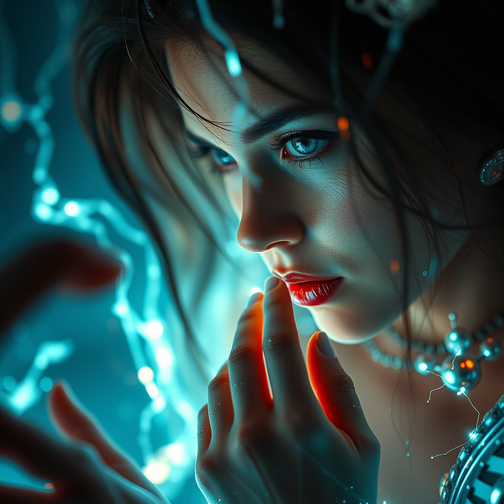 Nina Dobrev with Nathaniel Buzolic, glitch effect, glowing, dynamic lighting, hyper-detailed, photorealistic, 8k resolution, suehiro manuo, fantasy, detailed background, dynamic composition, masterpiece, dynamic lighting, ultra detailed macro. - Image