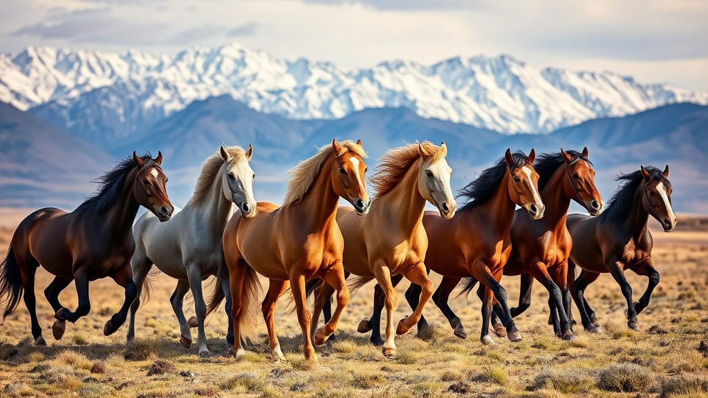 A group of horses running in front of snow capped mountains in Kazakhstan, by David G. Sorensen, a photo, fine art, majestic horses, galloping, equine photography, in the steppe, horses, 8k award-winning photograph. - Image