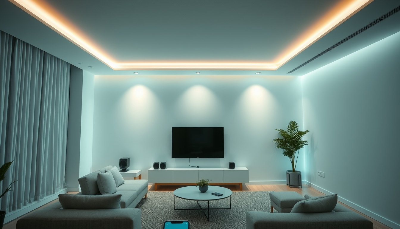 A high-tech living room with voice-activated lighting, smart speakers, and a sleek, minimalist design, all controlled by a smartphone.