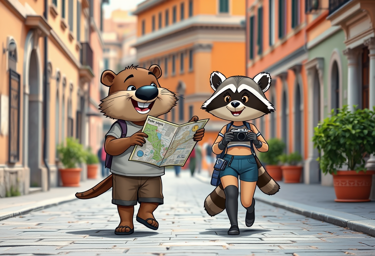 Create a charming scene of a beaver guy dressed in shorts and a t-shirt and a raccoon girl dressed in a crop top and shorts, both smiling as they casually stroll through the picturesque streets of Rome. The beaver should hold a map, eagerly pointing out landmarks, and the raccoon should carry a small camera, filming their adventures. The duo should look cheerful and curious, enjoying their whimsical journey together. Surround them with iconic Roman elements. The vibrant colors of the historic buildings should complement the vibrant atmosphere. This photo should evoke a sense of wonder, camaraderie, and playful exploration in one of the most beautiful cities in the world. Chibi, Pixar Style, Photorealism.