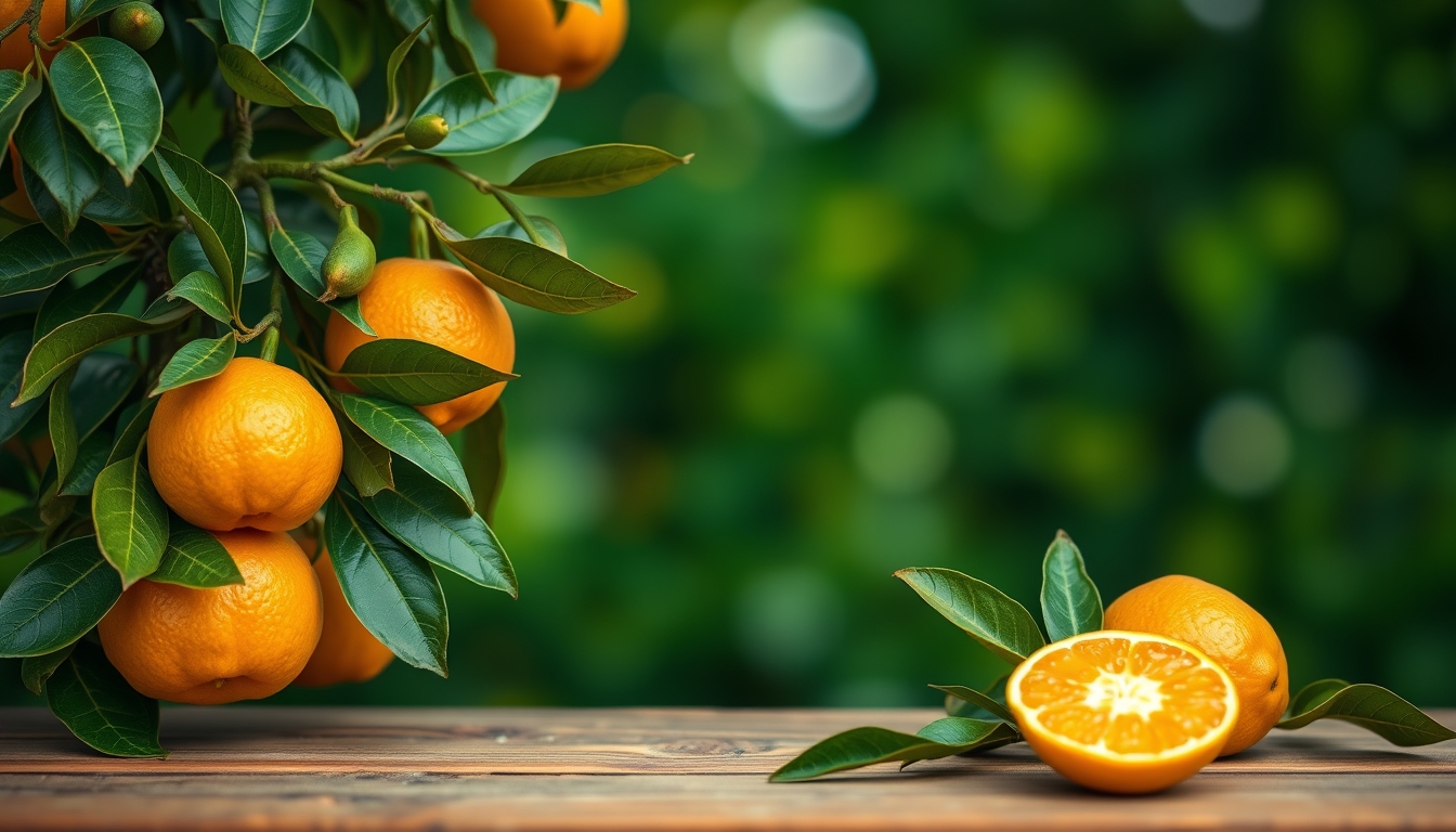 Mandarin fruits tangerine tree leaves and wooden board on green bokeh background - Image