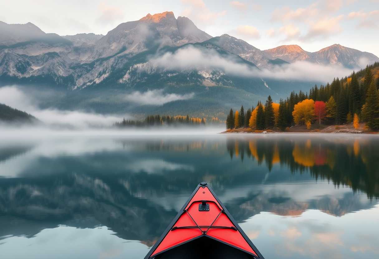 Peaceful, serene lake, mirror-like surface, misty morning, high quality, photorealistic, majestic mountains, pine trees, colorful autumn foliage, reflection, tranquil, secluded, remote, idyllic::0.7 kayaking, canoeing, rowboat, sunrise, sunset