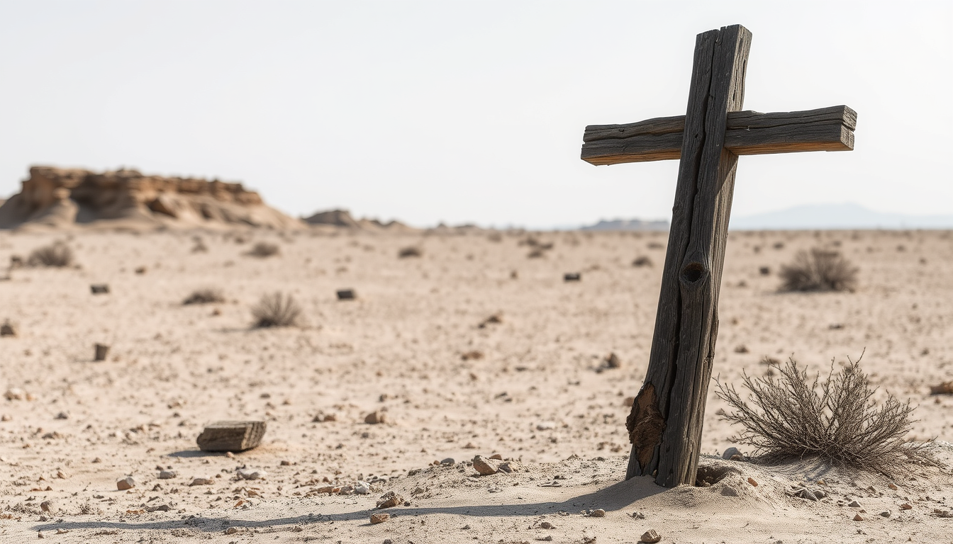 An old wooden cross in the middle of a barren desert. The cross is standing upright on the right side of the image. The cross is made of badly rot damaged dark wood and appears to be old and weathered, with visible damage from wet and dry rot. The overall scene is desolate. - Image