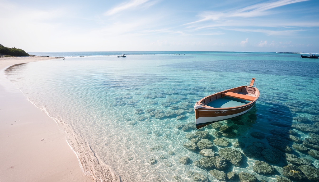 A tranquil beach with a glass-bottomed boat floating over a coral reef.