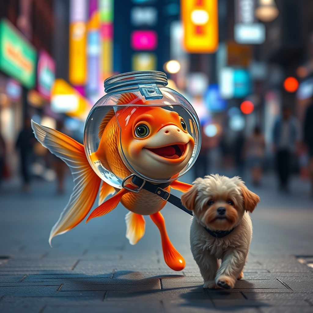 A cute, happy goldfish wearing a fish bowl as a breathing mask (half filled with water) is walking a cute dog on a leash in the streets at night, with colorful city lights. The goldfish is happily laughing, mouth open, with a cute face, walking on fins (no legs), while a fluffy dog is in front, walking in a silly manner. Ultra realistic, realism. - Image