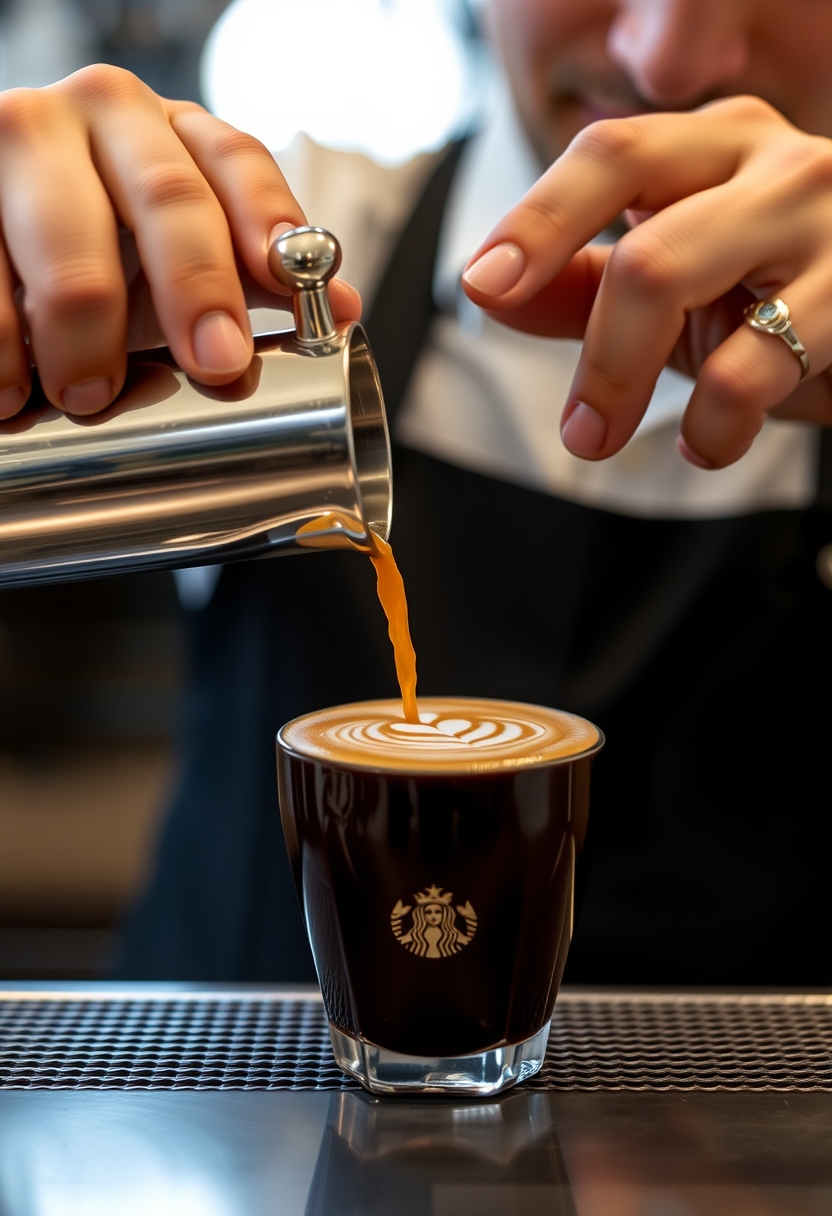 Barista pouring latte art into a coffee cup, highlighting the skill and artistry in coffee making. - Image