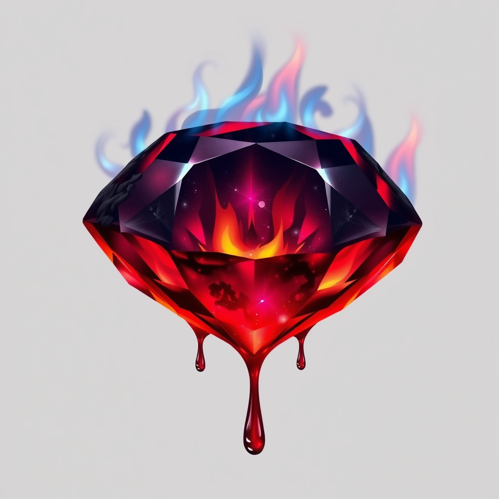 A tee shirt design of a beautiful freshly cut ruby on fire with beautiful liquid red ruby dripping with flames. The ruby has black char all over it and subtle colorful embers burning in the ruby. Inside of the ruby should be reminiscent of beautiful galaxies perfectly blended with chaos. Striking and otherworldly on a transparent background, the flames should have an outline of a beautiful blue ethereal glow. - Image