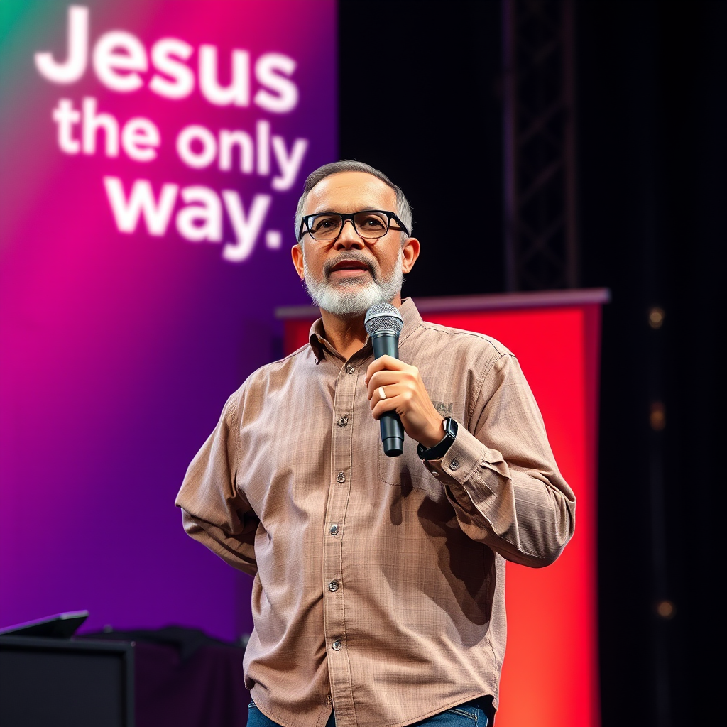 A 4k image of a gospel preacher standing on a platform with a microphone in his hand. He has glasses, a short well-cropped beard, and is dressed youthfully although he is 71. Behind him is a poster saying “Jesus is the only way.” The stage is colorfully lit. It should be 16x9. The poster should be to the side.