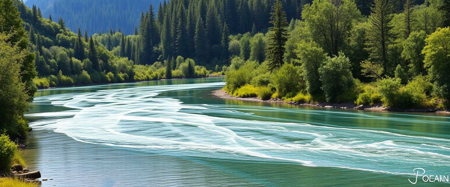 Pristine, crystal-clear river, meandering, lush banks, high quality, photorealistic, tranquil, peaceful, reflections, wilderness, scenic, panoramic, breathtaking::0.9 fly fishing, canoeing, riverside picnics, wildlife sightings, misty mornings, river rafting. - Image