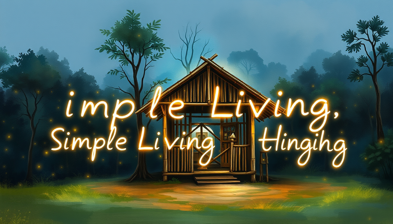 A humble bamboo hut in a clearing. Time-lapse shows day turning to night as glowing fireflies form the text "Simple Living, High Thinking" around the hut. watercolor style. - Image