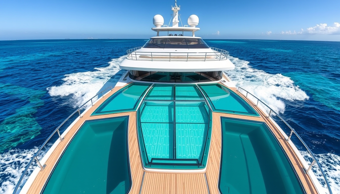 A luxurious yacht with a glass deck, cruising through crystal-clear waters. - Image