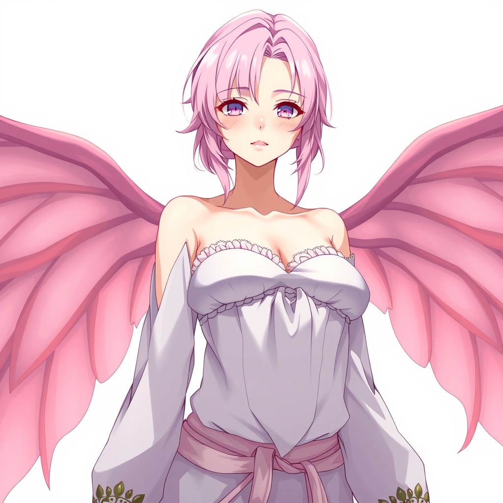 Anime art of a motherly woman, pink hair, fantasy clothes, large breasts, natural reflective, detailed body, standing, white background, stunning details, trending on artstation, anime artwork, illustration quality - Image