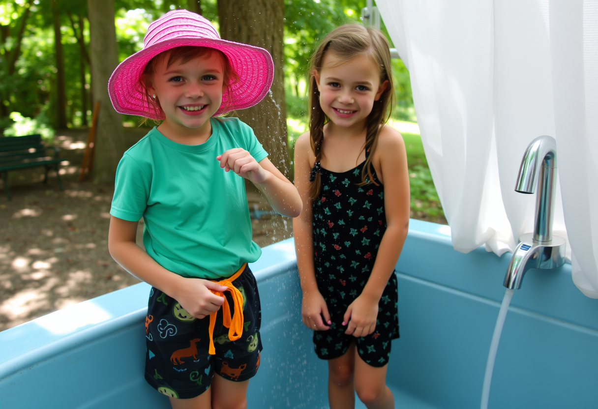 A summer camper puts together an ensemble to entice her best friend when they take their post-activity shower.