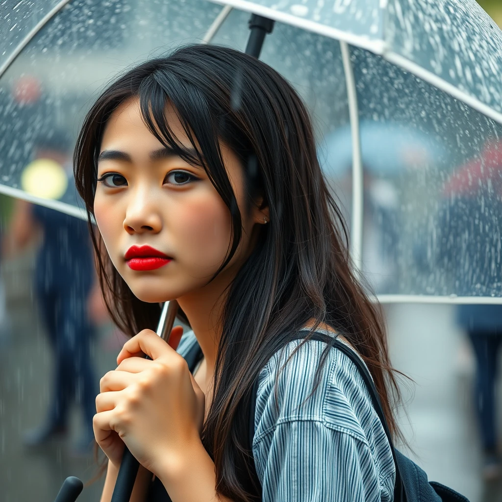 A young Asian woman stands in the rain, holding an umbrella. The rain is falling intermittently. - Image