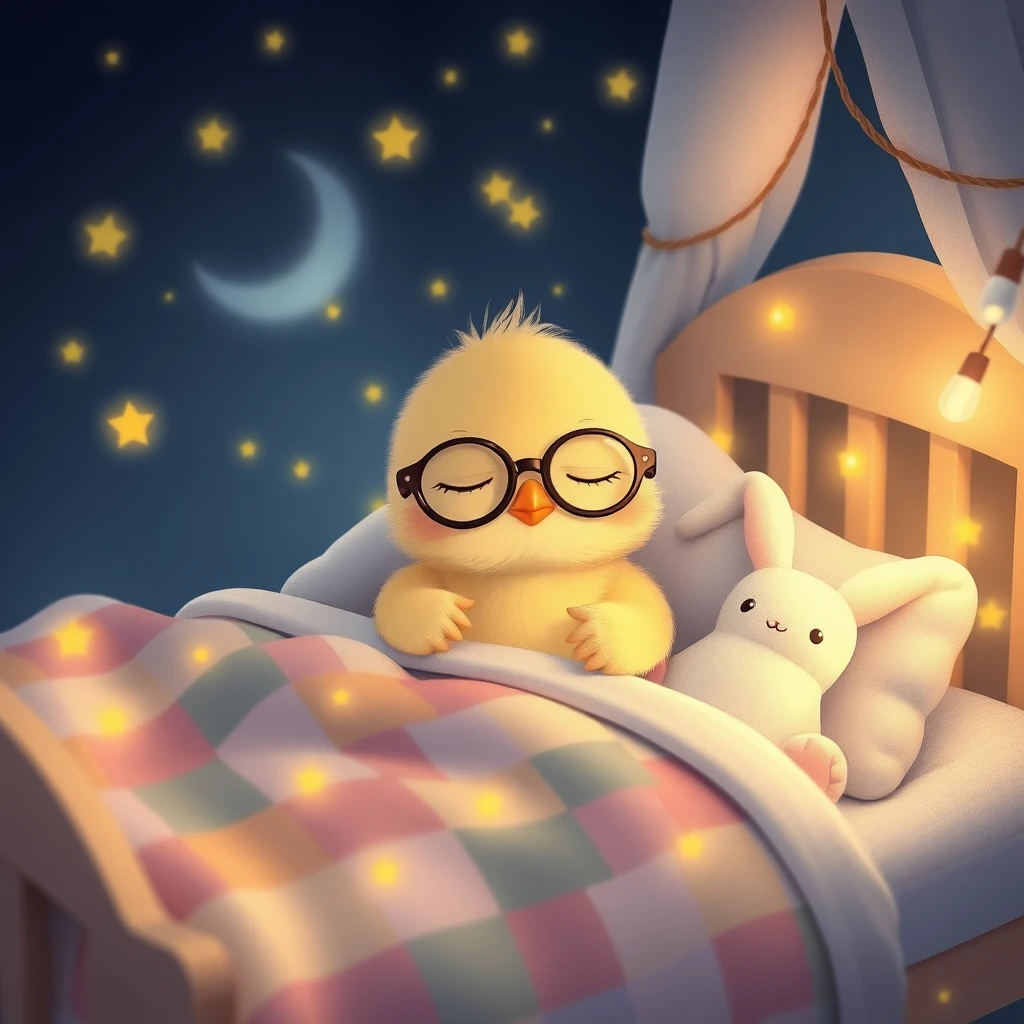 /imagine it's night. A delicate soft Kawaii chick wearing glasses is sleeping in its little bed, surrounded by small colorful fireflies, softly patterned children's blankets, with patchwork blankets and tiny cute stuffed bunnies. - Image