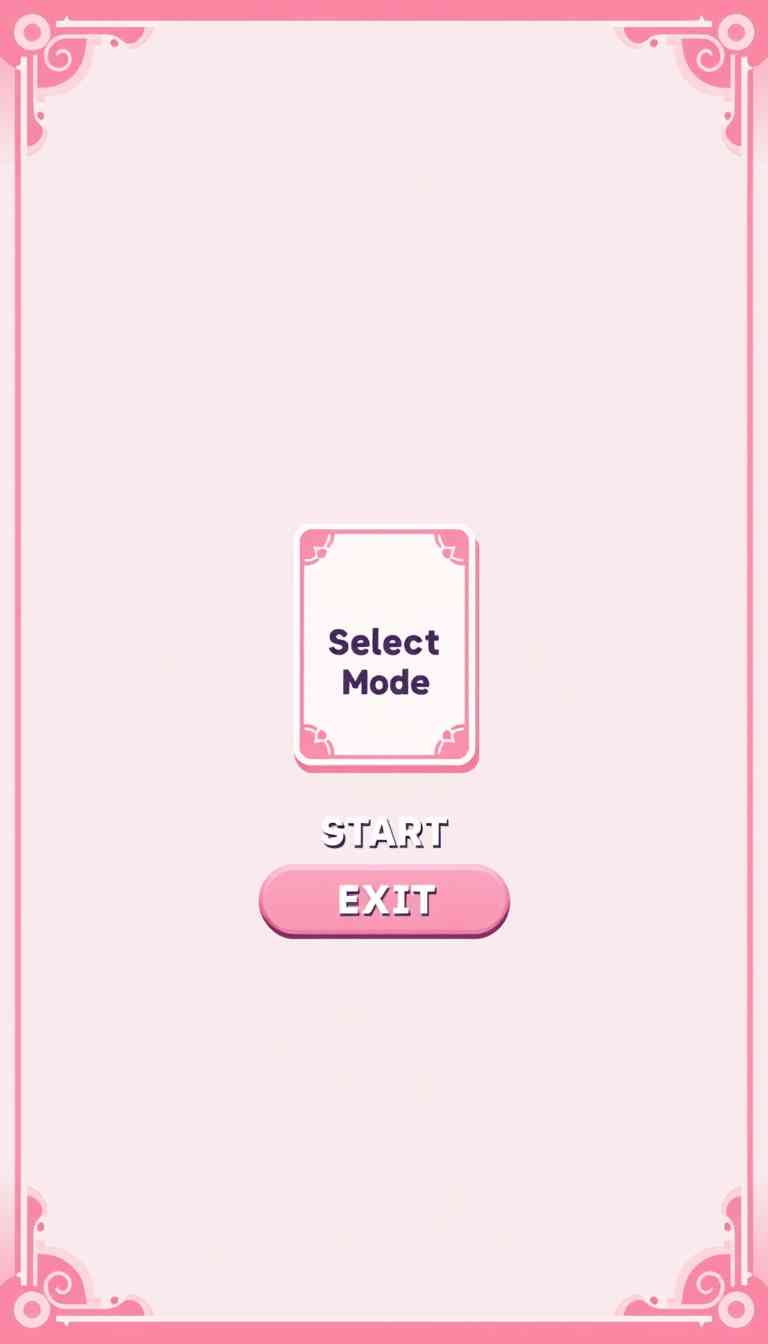 A menu screen of a 2D game, with a pink and white color palette, a card in the middle indicating the selected mode, start and exit buttons, and a coin count. - Image