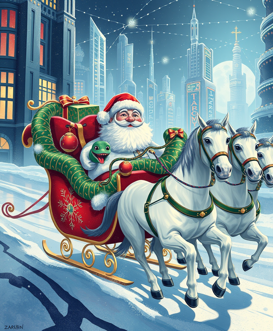 Russian Snow Grandfather rides in a festive sleigh with a cute Christmas snake, pulled by three white horses through a futuristic city decorated with Christmas lights. Illustration by Vladimir Zarubin.