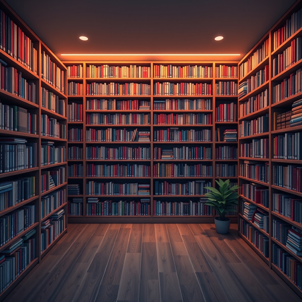 "I need a live streaming background, preferably with a bookshelf. The colors of the scene should not be too bright, and the entire wall should be filled with bookshelves."