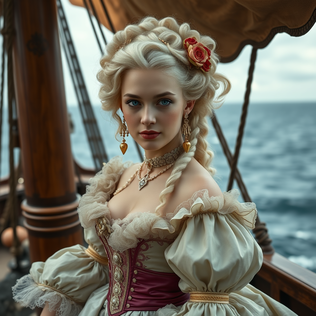 "Rococo Daenerys as Marie Antoinette", on a pirate ship, ocean, cinematic, elaborate gown, rococo hair, head and shoulders portrait. - Image