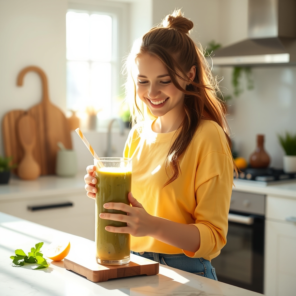 Happy young woman preparing a healthy smoothie in a bright kitchen reflecting the energy and freshness of a sunny morning. - Image