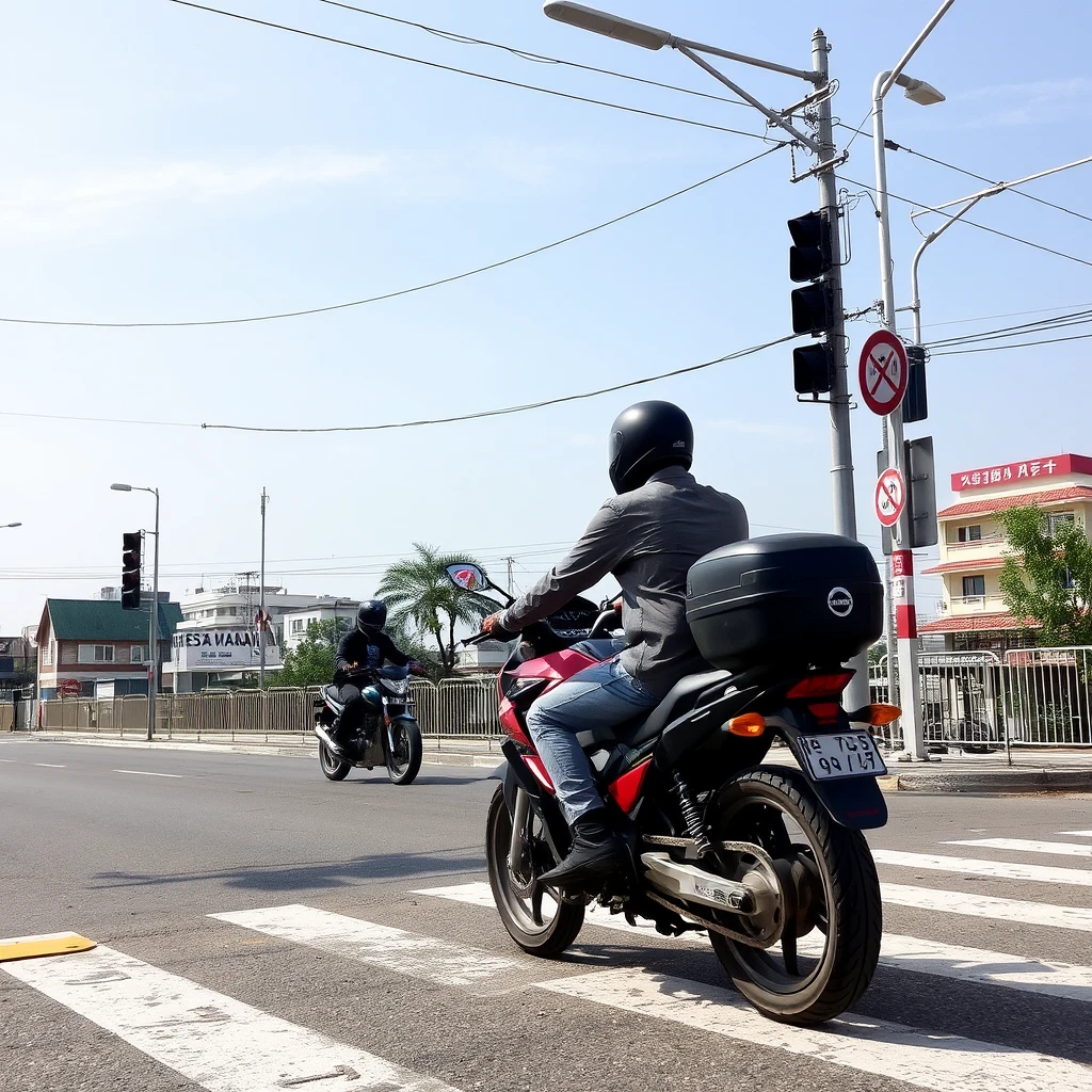 "At the crossroads, someone is riding a motorcycle, and there are Chinese characters."