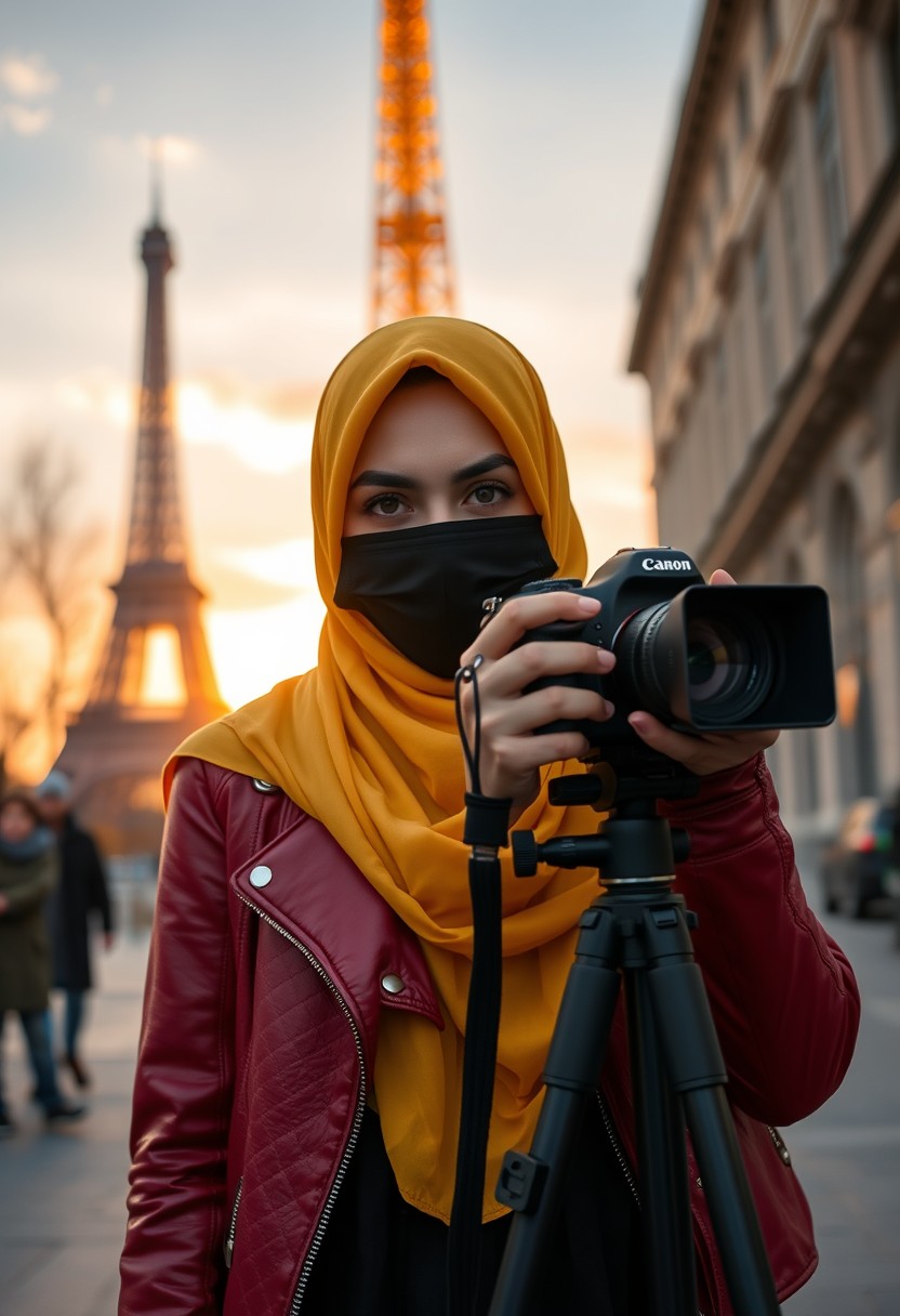 Bigges hijab yellow Muslim girl, beautiful eyes, face mask black, red leather jacket, Black biggest skirt, camera dslr CANON, tripod, taking photo, sunrise, morning scenery, eiffel tower, hyper realistic, street photography.