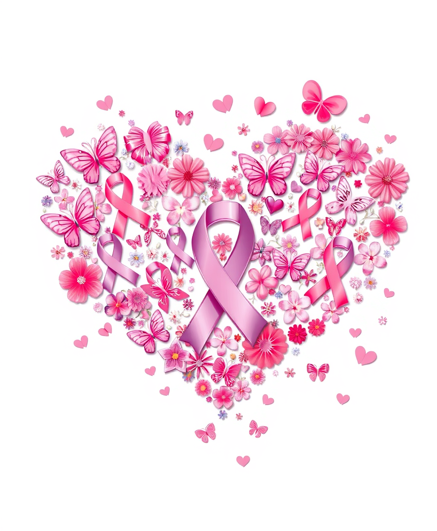 Create a vibrant and uplifting illustration of a heart made up of various pink breast cancer awareness ribbons, butterflies, flowers, and hearts. The design should be colorful, predominantly using shades of pink, and arranged in a way that forms the shape of a heart. The style should be detailed and celebratory, symbolizing hope, support, and awareness for breast cancer, high detail, high quality, 2d vector, no shadow.