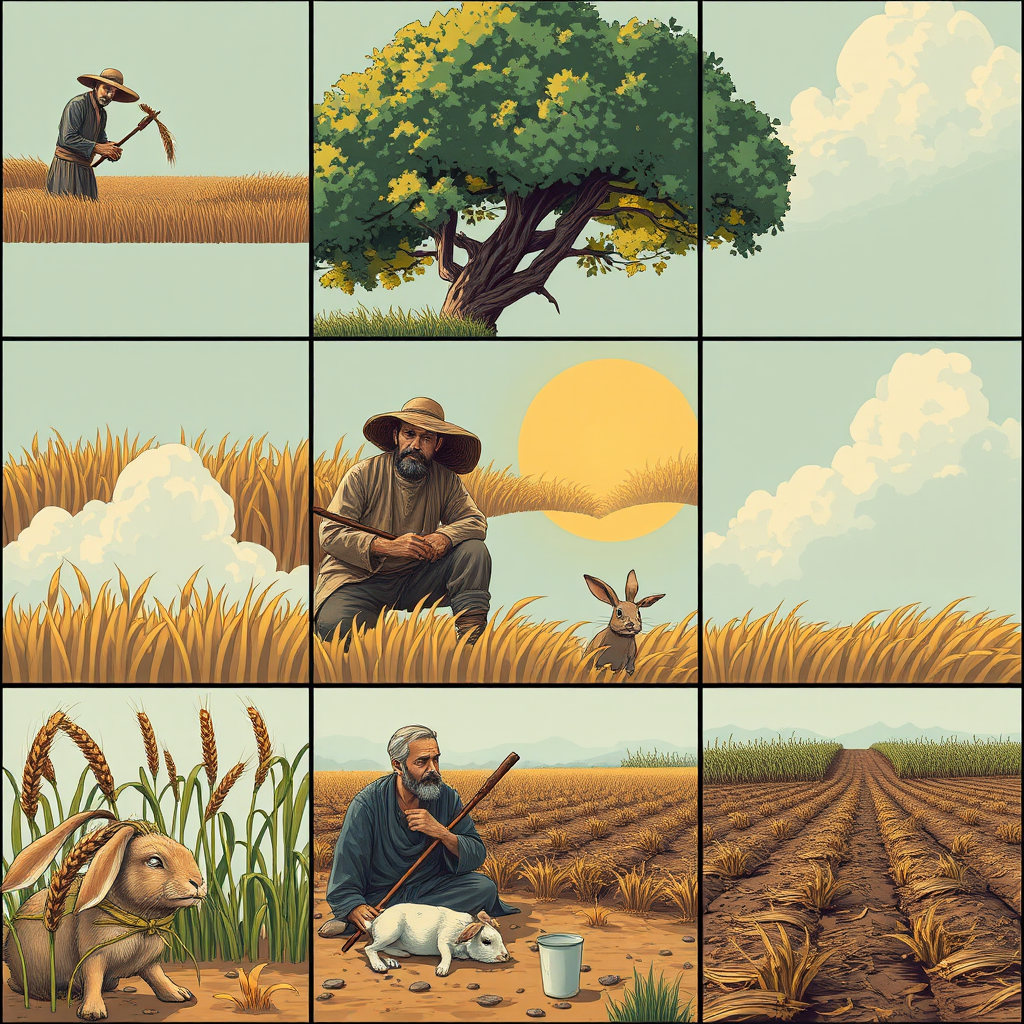 The image style is "cyberpunk," featuring an ancient farmer in a nine cell.
The characters in each scene will all use the same farmer, ensuring that the face shape and clothing remain consistent throughout.
Cell one is The farmer is harvesting wheat.
Cell two is The farmer is sitting under a tree, and a rabbit is rushing.
Cell three is The rabbit is dead and lying on the ground.
Cell four is The farmer is running and the rabbit is in his hand.
Cell five is The farmer sighs while sitting under the tree.
Cell six is The farmer is eating.
Cell seven is The crops have withered.
Cell eight is The farmer is planting seeds in the field.
Cell nine is Everything is gone. - Image