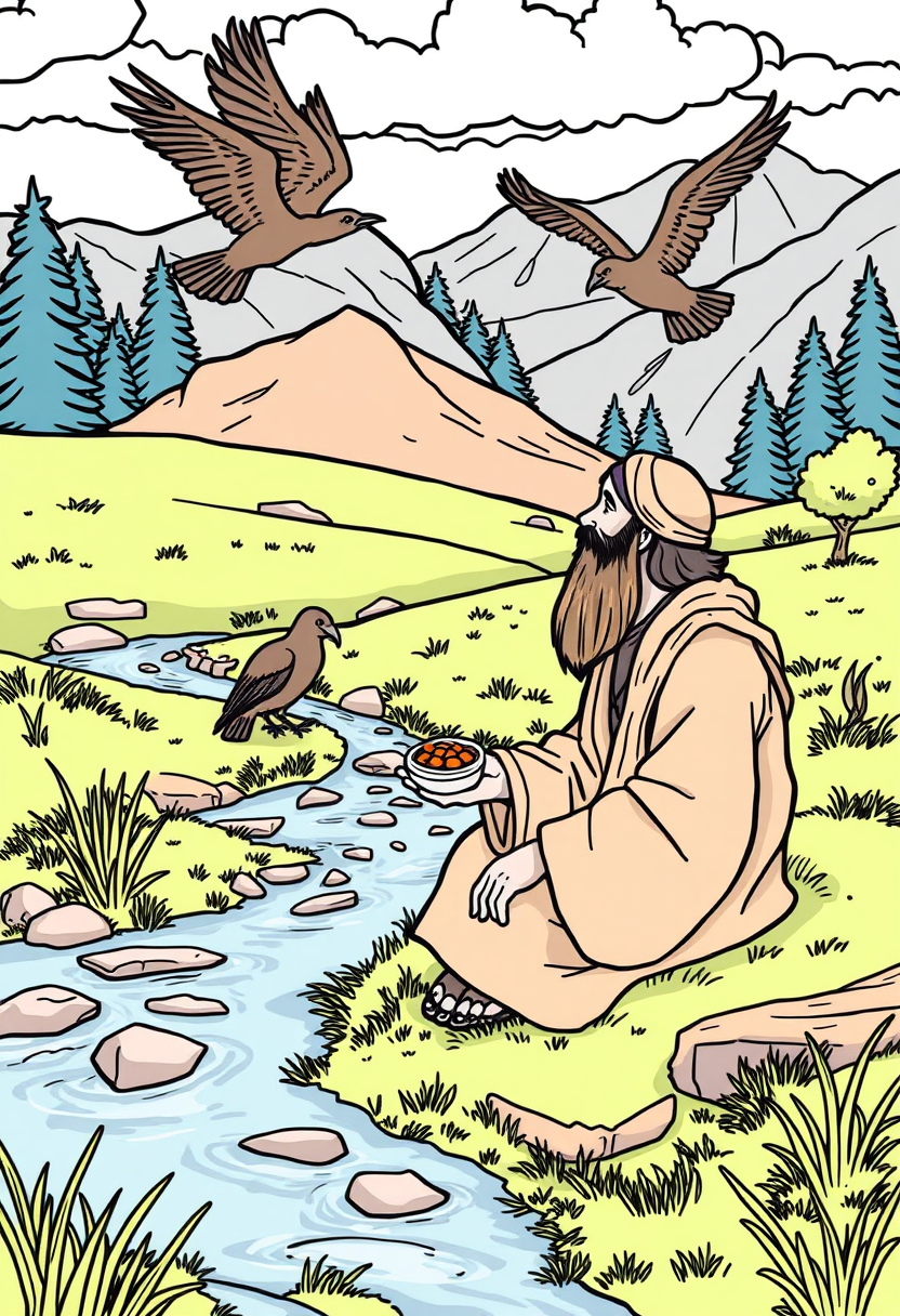 Depict Elijah sitting by a brook, with ravens bringing him food, set in a beautiful natural landscape. A coloring book page, cartoon style, thick lines, low details, no shading.