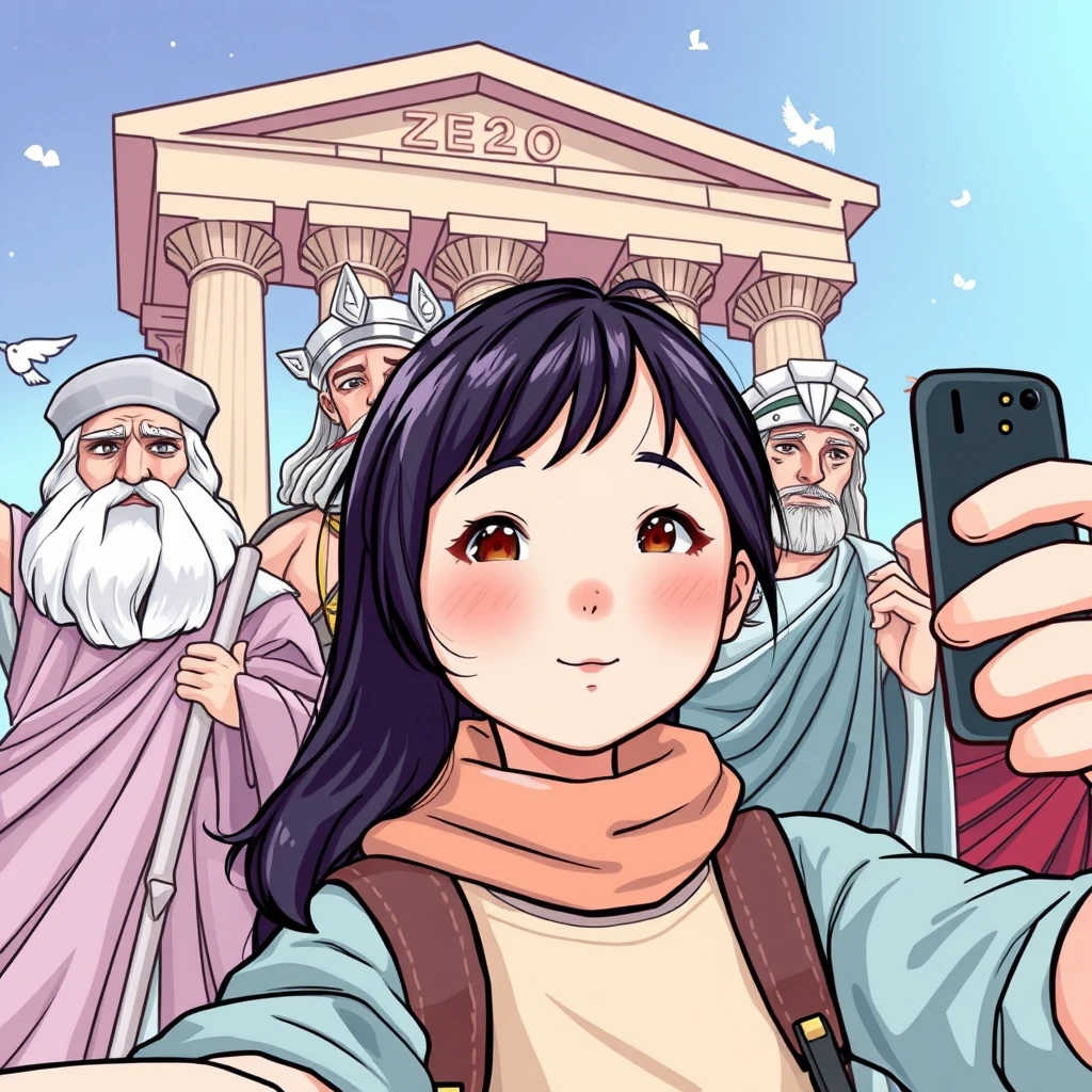 "Draw a first-grade Korean girl taking a selfie with Greek gods in the center, in a somewhat cartoonish style. Include Greek gods like Zeus, Athena, Hera, Aphrodite, Dionysus, Cupid, Hercules, Hephaestus, and Hermes, and make sure the Greek gods are also highlighted. The main character should be the girl in the center."