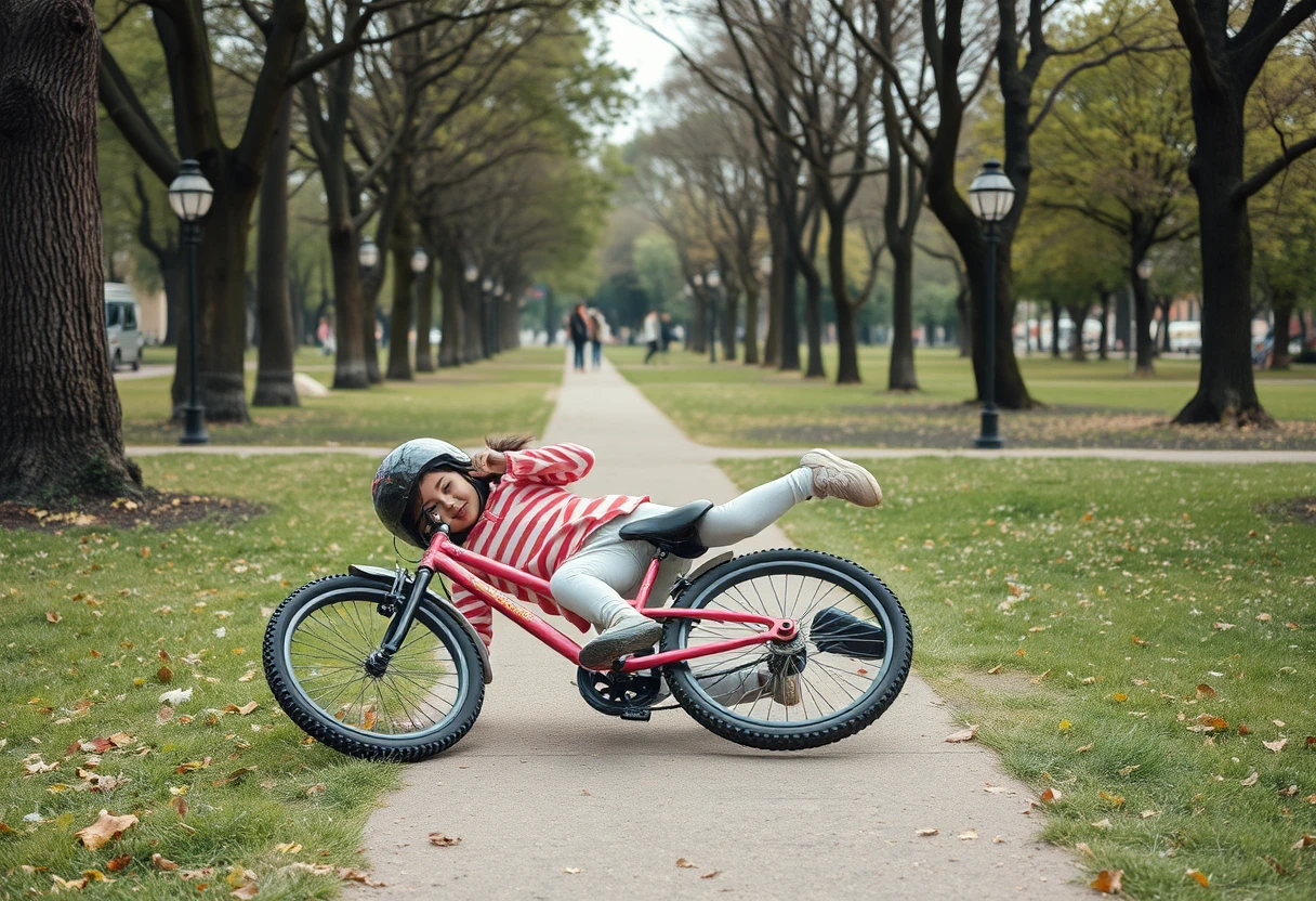 In the park, a ten-year-old Chinese girl accidentally fell to the ground while riding her bicycle. A long shot, full-body photo.