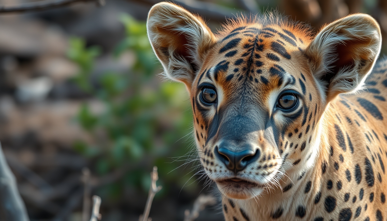 A stunning portrait of an endangered animal in its natural habitat, with a focus on its expressive eyes and the surrounding environment.