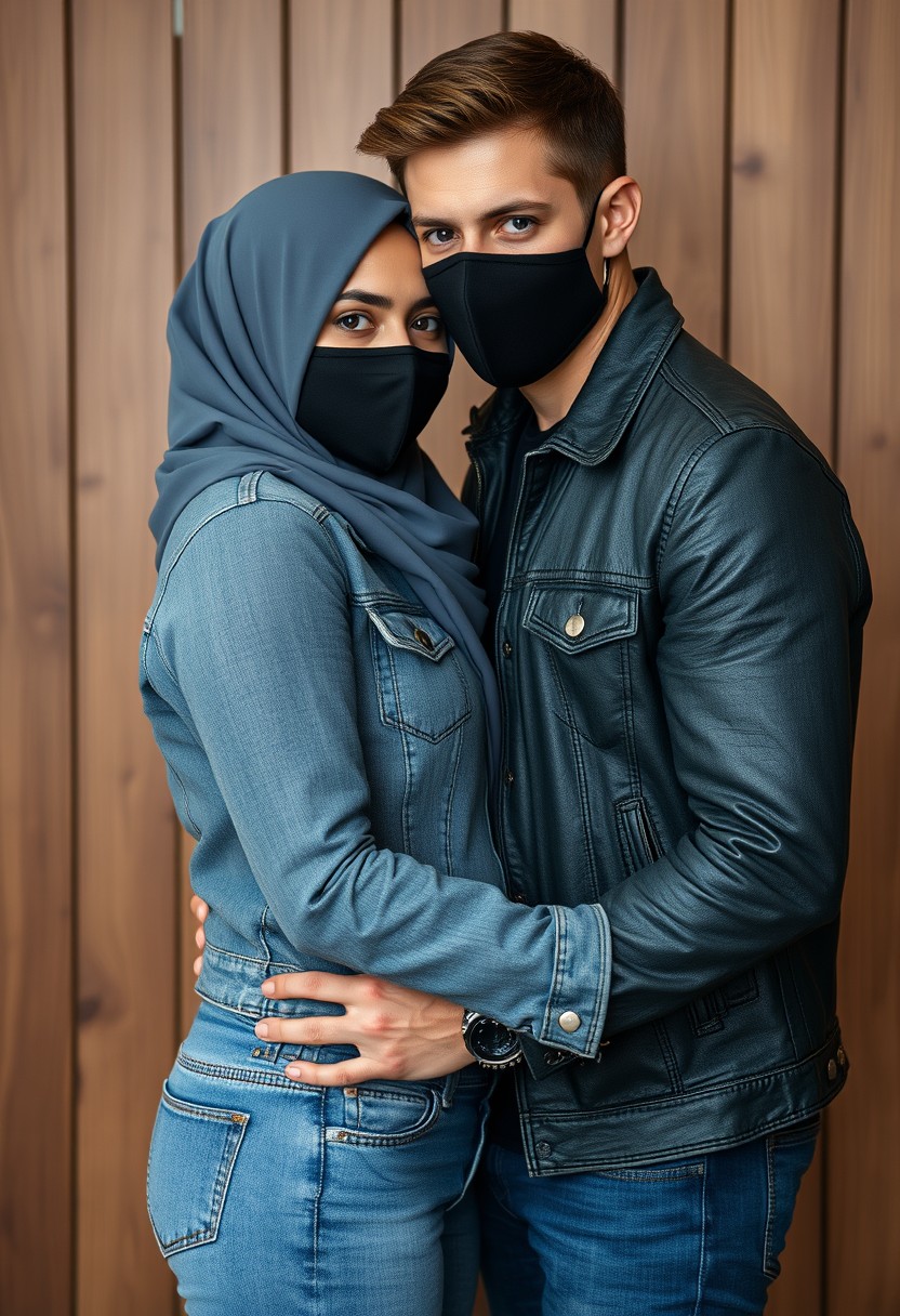 Jamie Dornan's head and body shot, handsome, black face mask, denim jacket, jeans, dating, love couple, hug, with the biggest grey hijab Muslim girl, beautiful eyes, black face mask, black leather jacket, biggest skirt, hyper-realistic, studio photography, wooden wall.