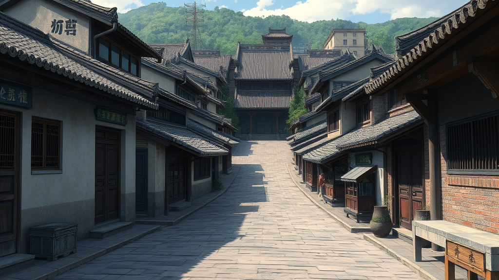 "Ancient Chinese city, low houses, tiled roofs, wooden buildings, POV, ground perspective, empty, no one, daytime, ancient China, anime style." - Image