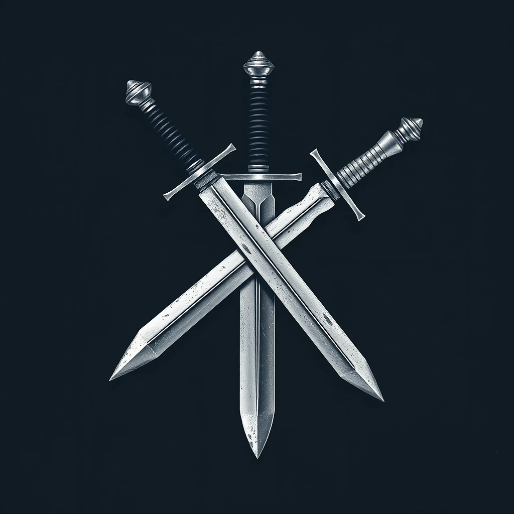 The image shows a sword crossed over a masonry trowel on a dark, textured background. The background has a rough, grungy texture, giving the image a vintage feel. The overall appearance is elegant and sophisticated.