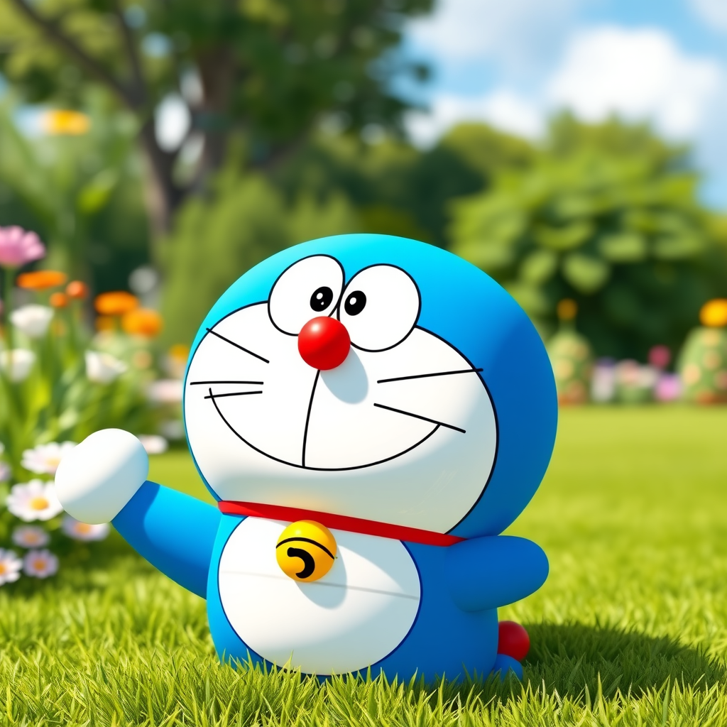 Doraemon in Pixar style, cute and expressive, vibrant colors, static pose, sunny garden setting, green grass, blue sky, cheerful and peaceful atmosphere, clear texture, smiling ring, avatar setting. - Image