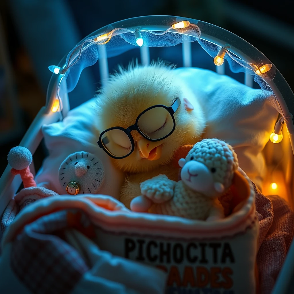 It is night. A sweet, delicate, tender, Kawaii newborn chick with a small round beak is wearing glasses and rests its head on a pillow, deeply asleep in its precious little bed with tiny jingle bells, fluttery, soft colored lights, and childish details featuring the name PICHONCITA, wrapped in patchwork blankets hugging a tiny cute stuffed sheep. Photograph.