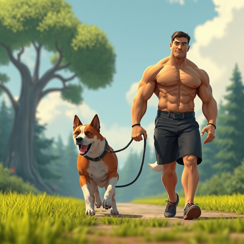 bodybuilder man walking with a huge dog, 4k Pixar style - Image