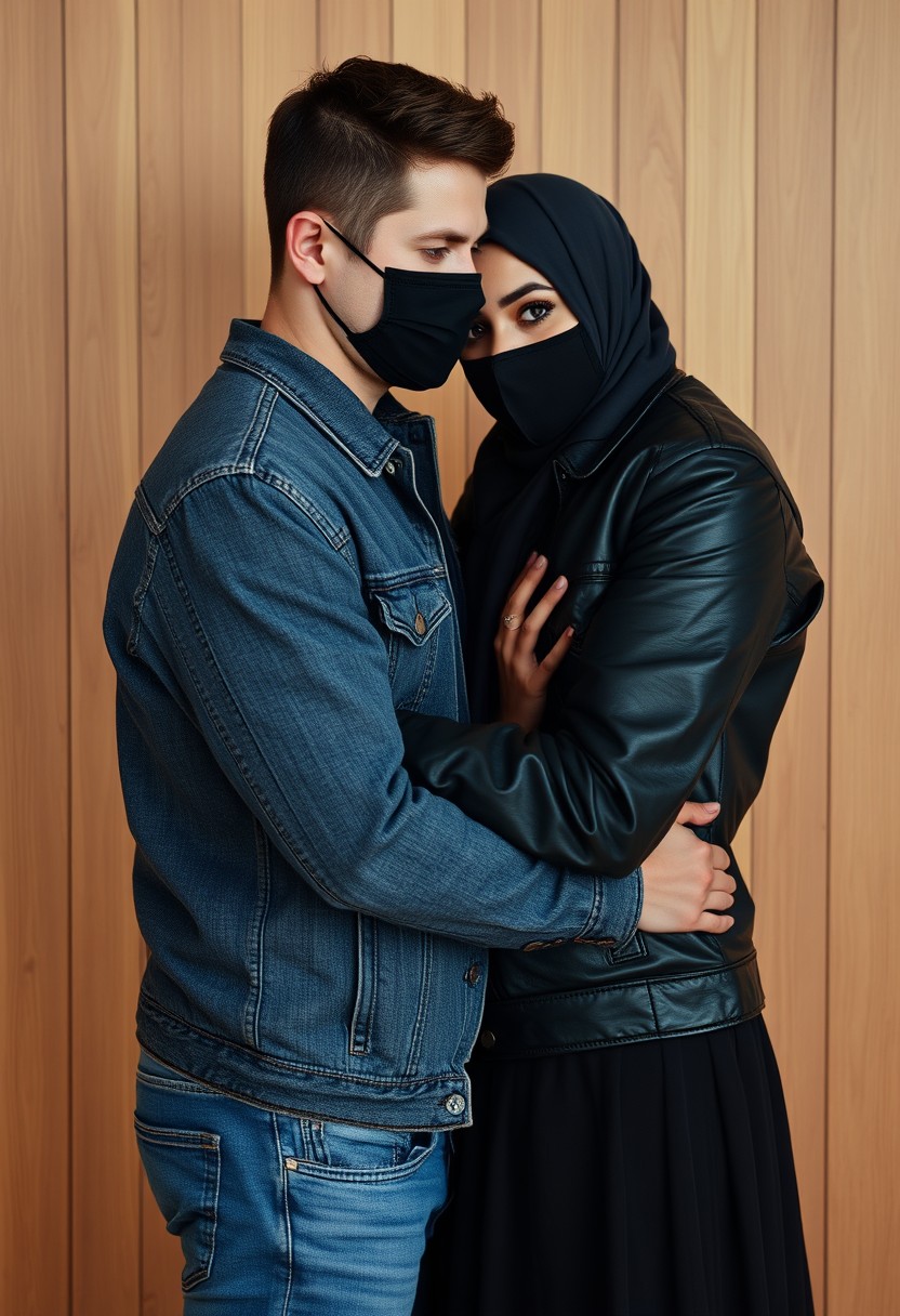 Jamie Dornan's head and body shot, handsome, black face mask, denim jacket, jeans, dating, love couple, hug, with the biggest gray hijab Muslim girl, beautiful eyes, black face mask, black leather jacket, biggest skirt, hyper-realistic, studio photography, wooden wall.