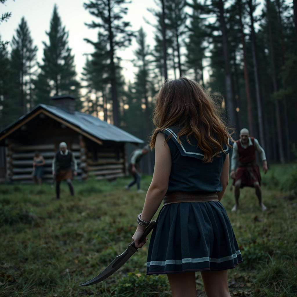 Real-life photography, long shot: In the evening, in the forest, there is a wooden cabin, and not far away, a female barbarian wearing a school uniform skirt is holding a dagger, looking at two zombies in the distance. The zombies are dressed.